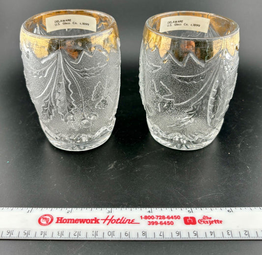 2 EAPG GOLD CLEAR  U S GLASS CO #15065 DELAWARE PATTERN 4" TUMBLERS