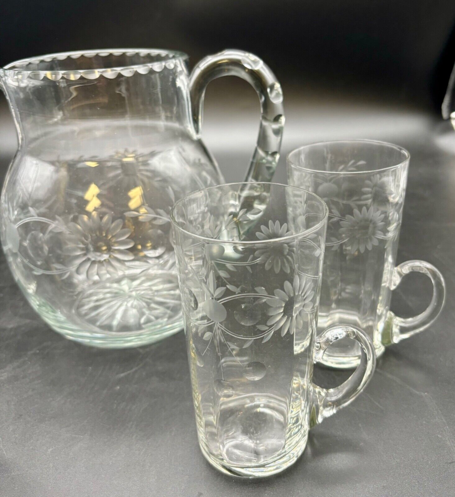 Antique Etched Clear Glass Pitcher and Glasses Set(6 pieces)