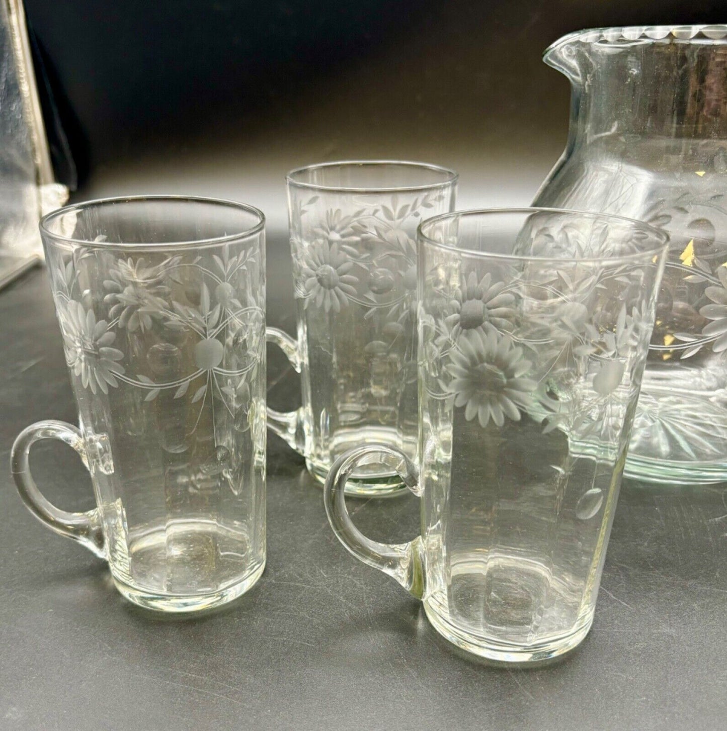 Antique Etched Clear Glass Pitcher and Glasses Set(6 pieces)