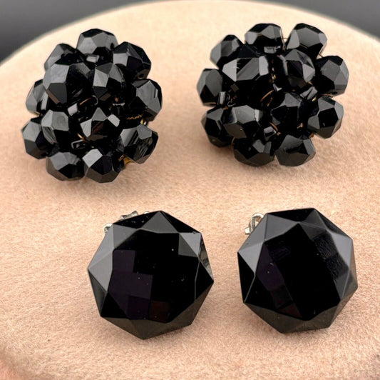 Two Pair Vintage Black Glass Clip-On Earrings NK