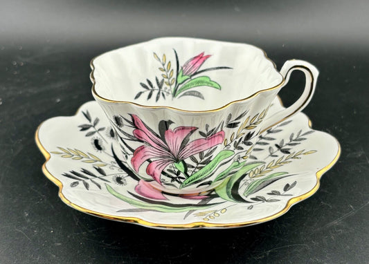 Rosina Teacup and Saucer Pink Lily Floral Bone China England Vintage