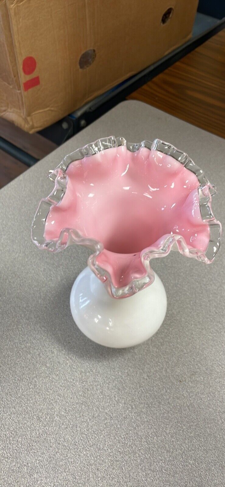 Vintage Fenton?silvercrest Glass Vase Cased Pink White with Ruffled