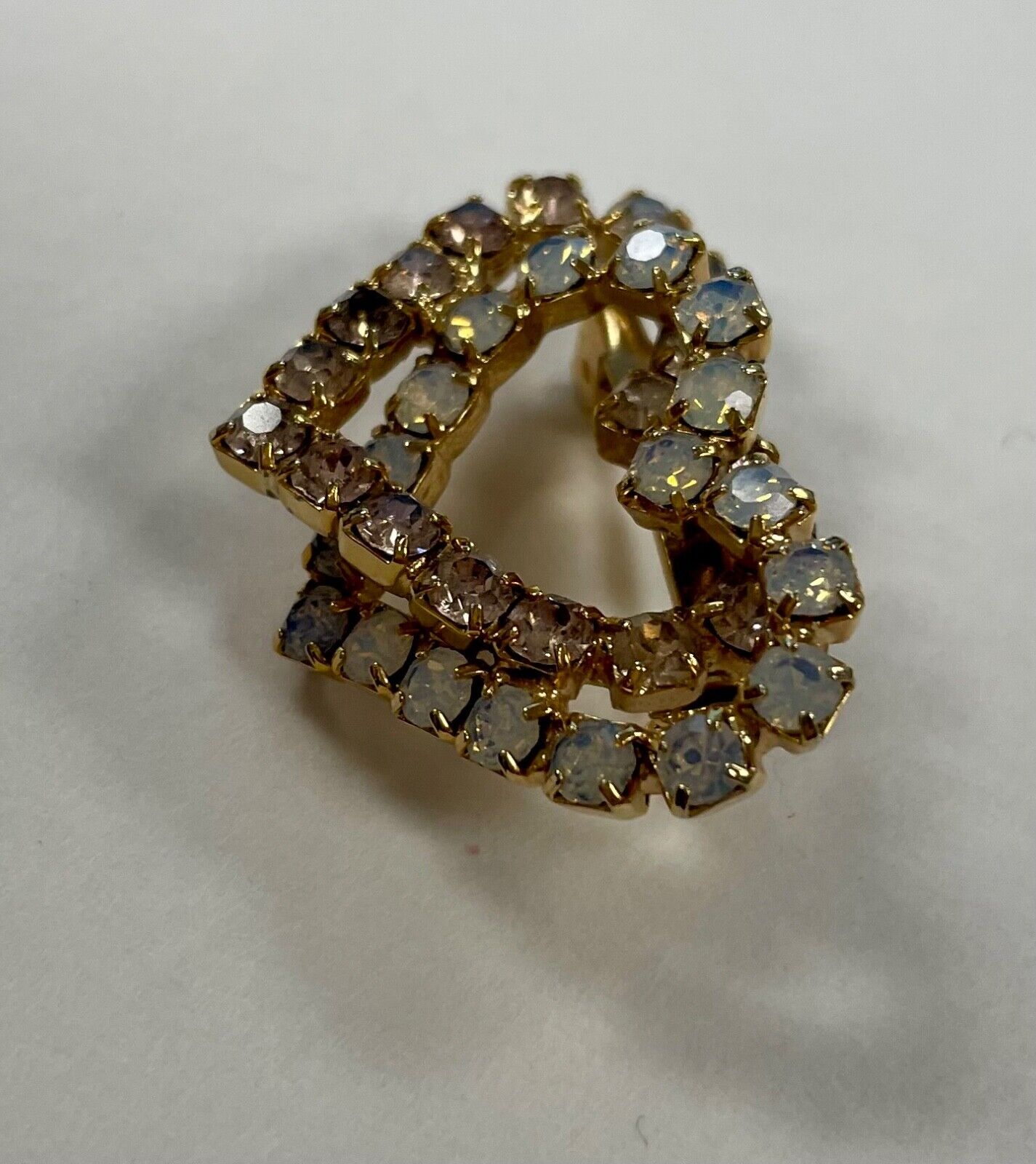 Small Vintage Double Heart Rhinestone Brooch