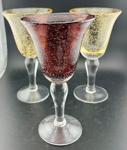 Handmade Seed Glass Goblets Mixed Colors Set of Three