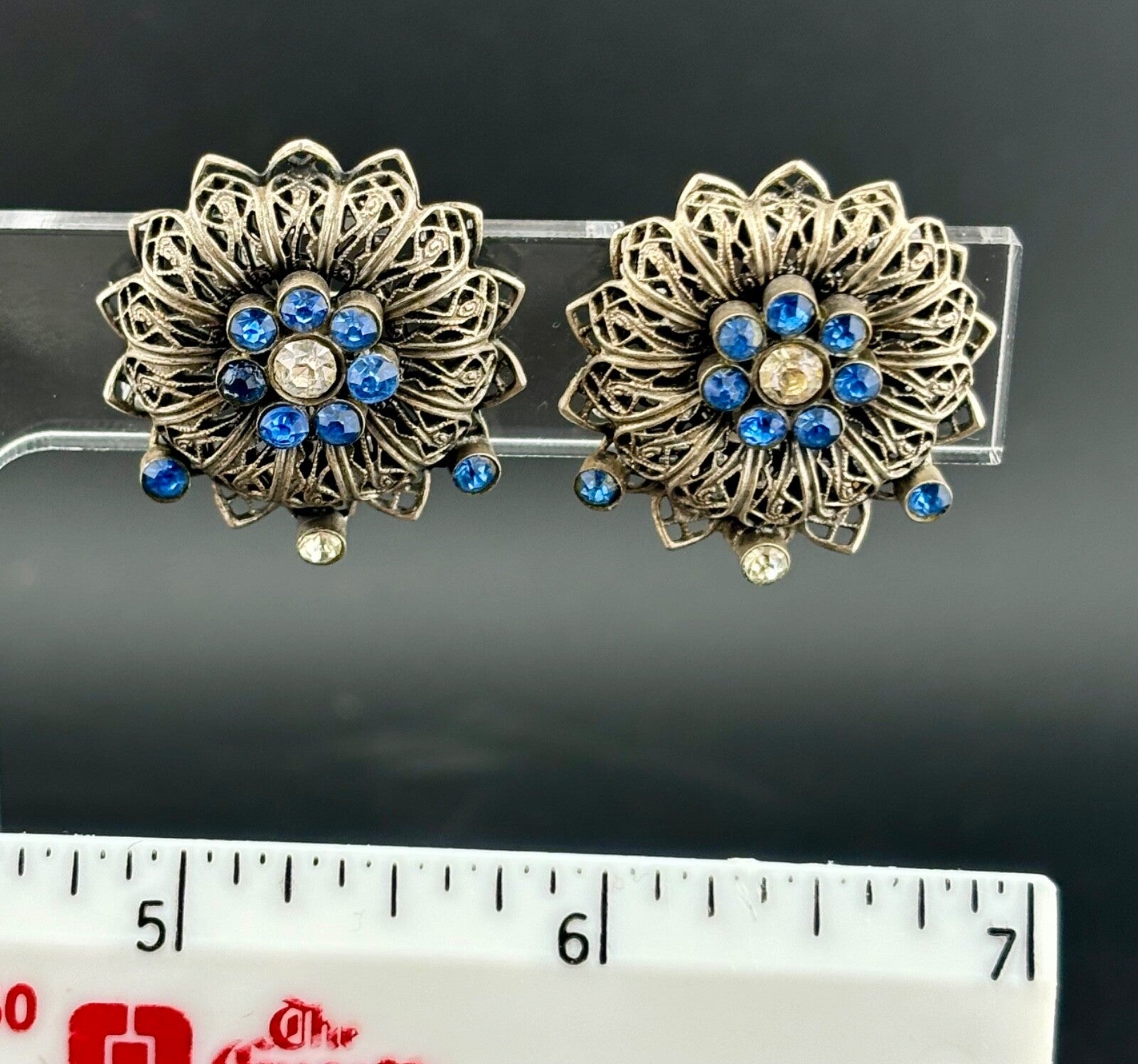 Vintage Silver-Tone and Blue/Clear Rhinestone Cilp-On Earrings