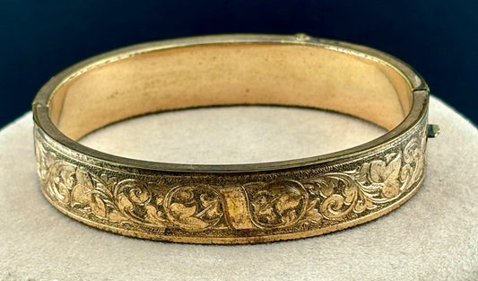 Beautiful Vintage Etched Gold Plate Hollow Victorian Edwardian Bangle Bracelet