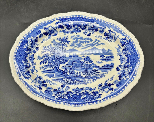 SEAFORTH Blue Transfer Ware Platter Woods Burslem England  8.5"x11"