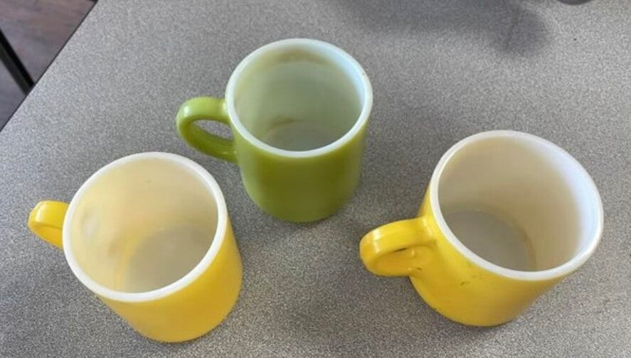 Set of Three Vintage Milk Glass Mugs Colorful