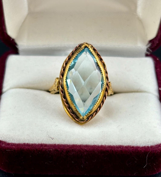 Antique Victorian/Edwardian Gold-Filled Blue Glass Statement Ring Adjustable