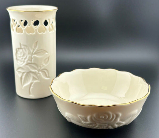 Vtg LENOX CHINA ROSE BLOSSOM VASE BOWL CREAM 24K GOLD Rim