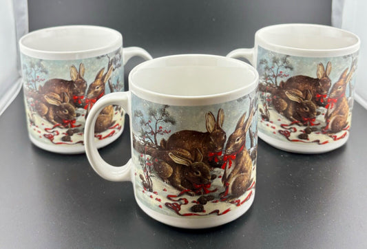 Set of Three Vintage Christmas Bunny Mugs