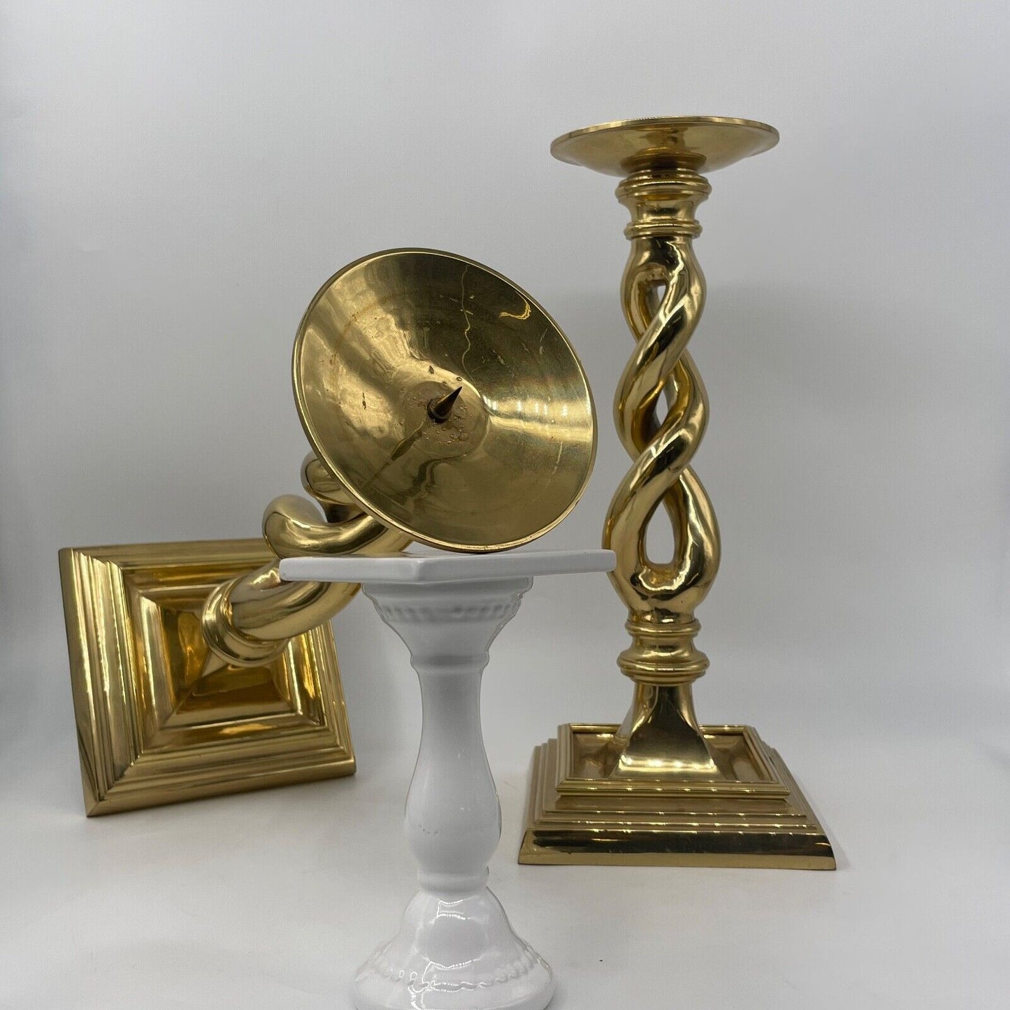 Vintage Pair Solid Brass Candlesticks Barley Twist 16"