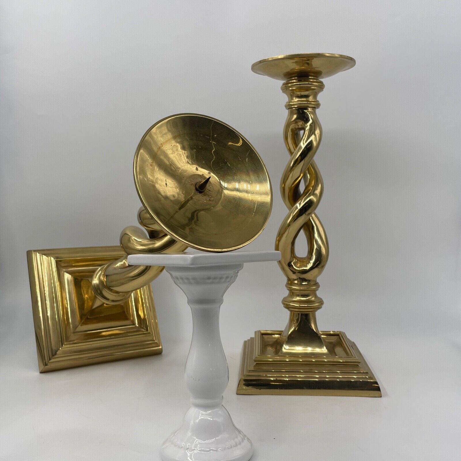 Vintage Pair Solid Brass Candlesticks Barley Twist 16"