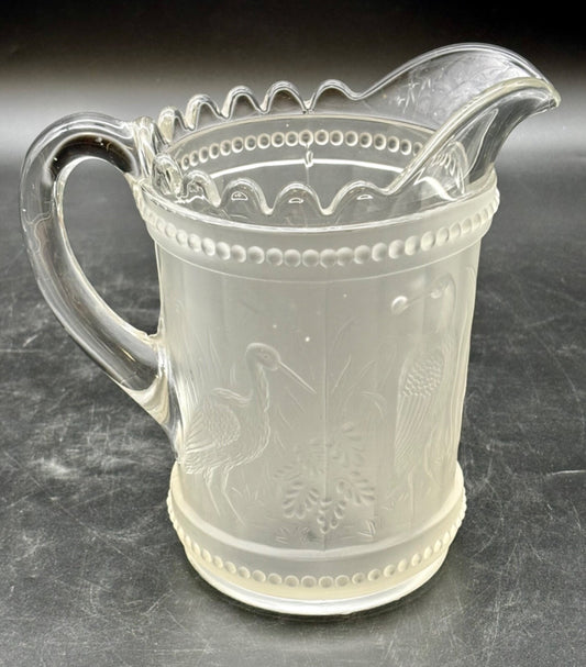 Vintage L.G. Wright Frosted Glass STORK & RUSHES Pitcher Satin Glass