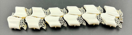 Vintage White and Silver-tone Bracelet Leaf Pattern NK