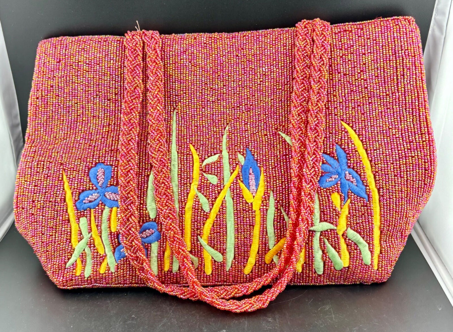 Large Beaded & Embroidered Iris  Handbag  Purse W Zipper Pocket Inside.