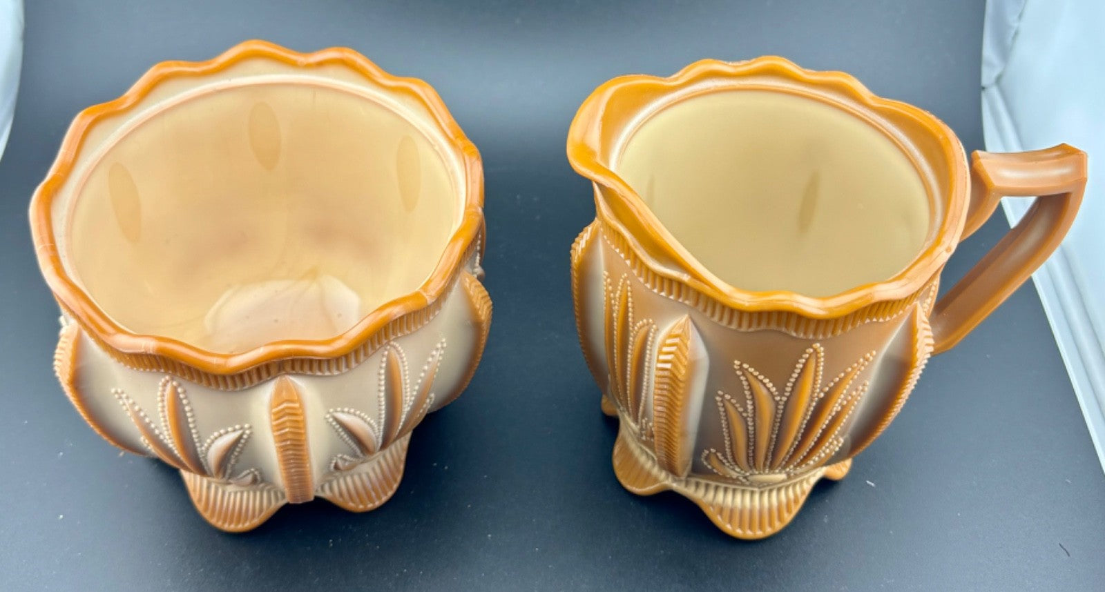 Greentown Chocolate Slag Glass Cactus Open Sugar and Creamer