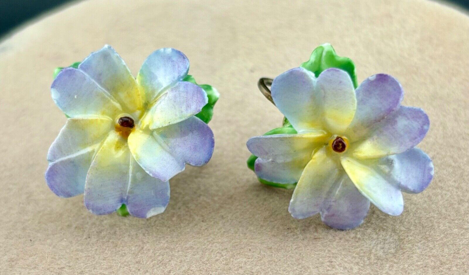 Vintage 1950's Painted Porcelain Floral Screw Back Earrings Made In England