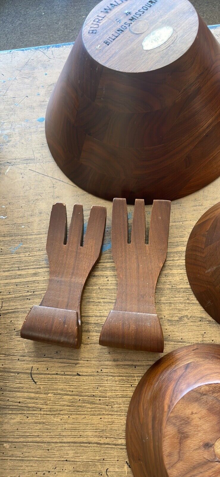 Vintage Solid Walnut Salad Serving Set 8 Pieces