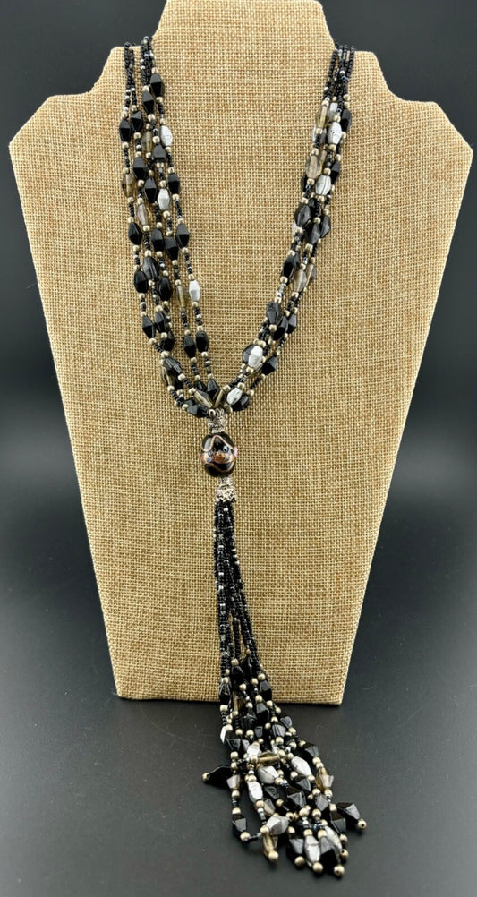 Multi-Strand Seed Bead and Glass Beaded Tassel Necklace NK