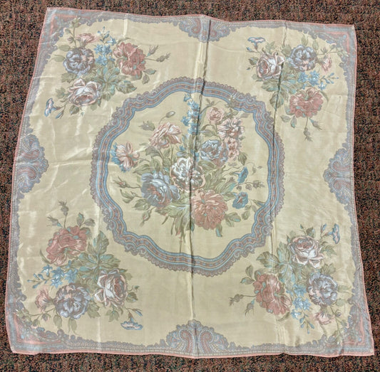 Vintage Liz Claiborne Silk Scarf Rolled Edge Pastel Floral Japan 30x31 1989