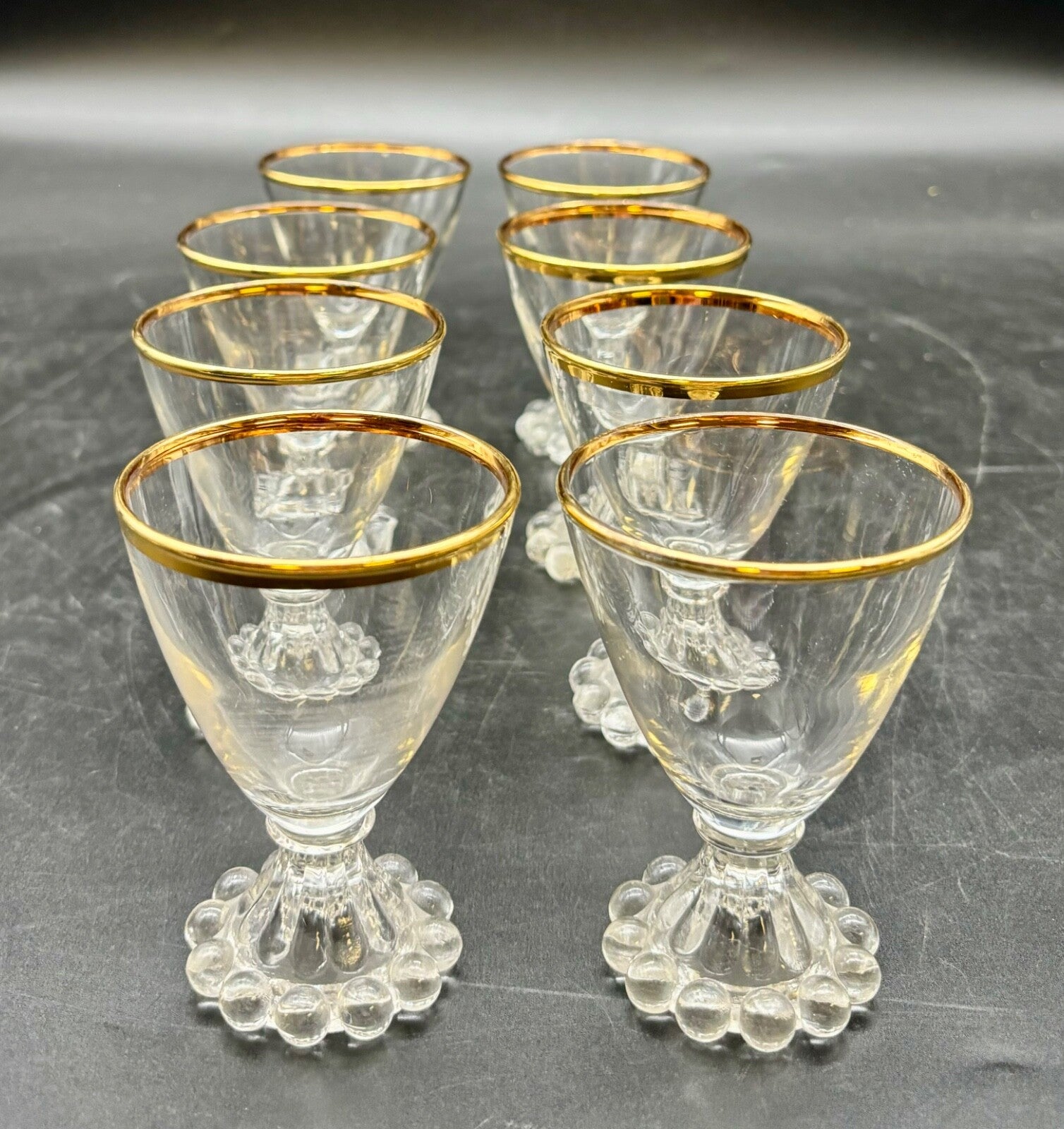 1950’s Set of 8 Boopie Clear Glassware w/Gold Rimmed Glasses
