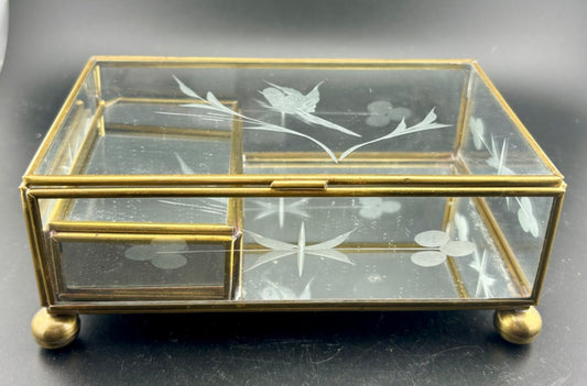 Vtg Brass & Etched Beveled Glass Musical Trinket Jewelry Box - Flowers Birds