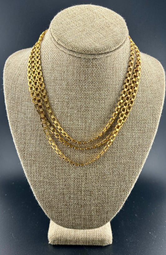 Vintage Brass Triple-Strand Box Chain Necklace