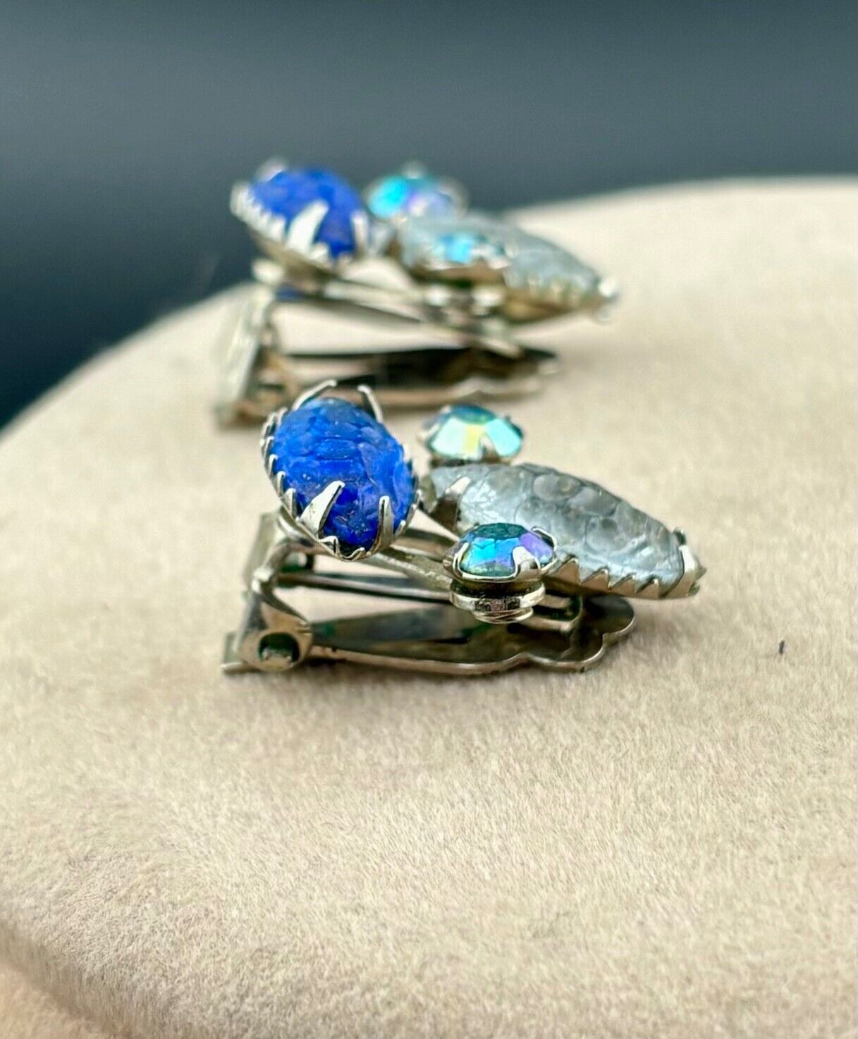 Vintage Fruit Salad Blue Tone Rhinestone Clip-On Earrings NK