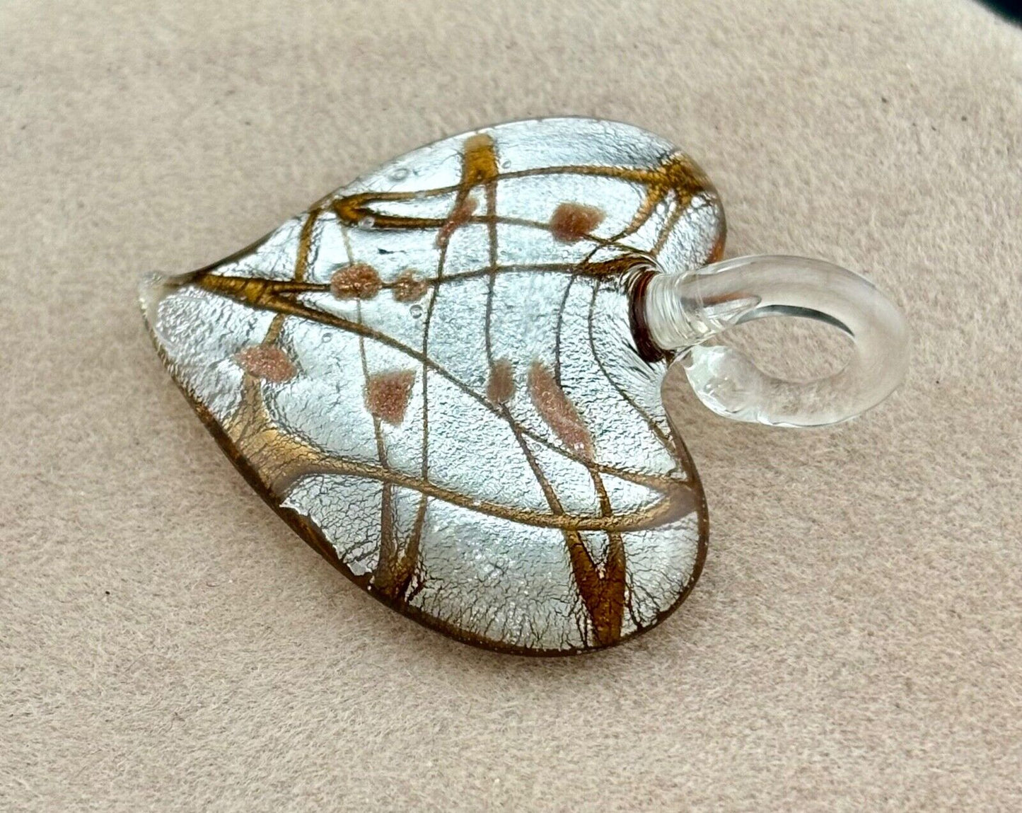 Silver Copper Dichroic Art Glass Heart Pendant 1 1/2 x 1 3/4"