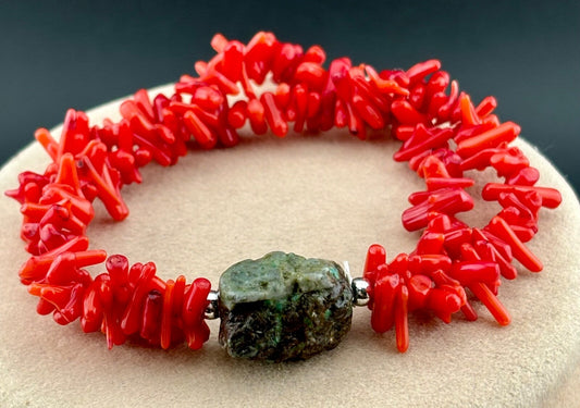 Turquoise Red Coral Branch Bracelet 2 Strand Silver Tone Stretch NK