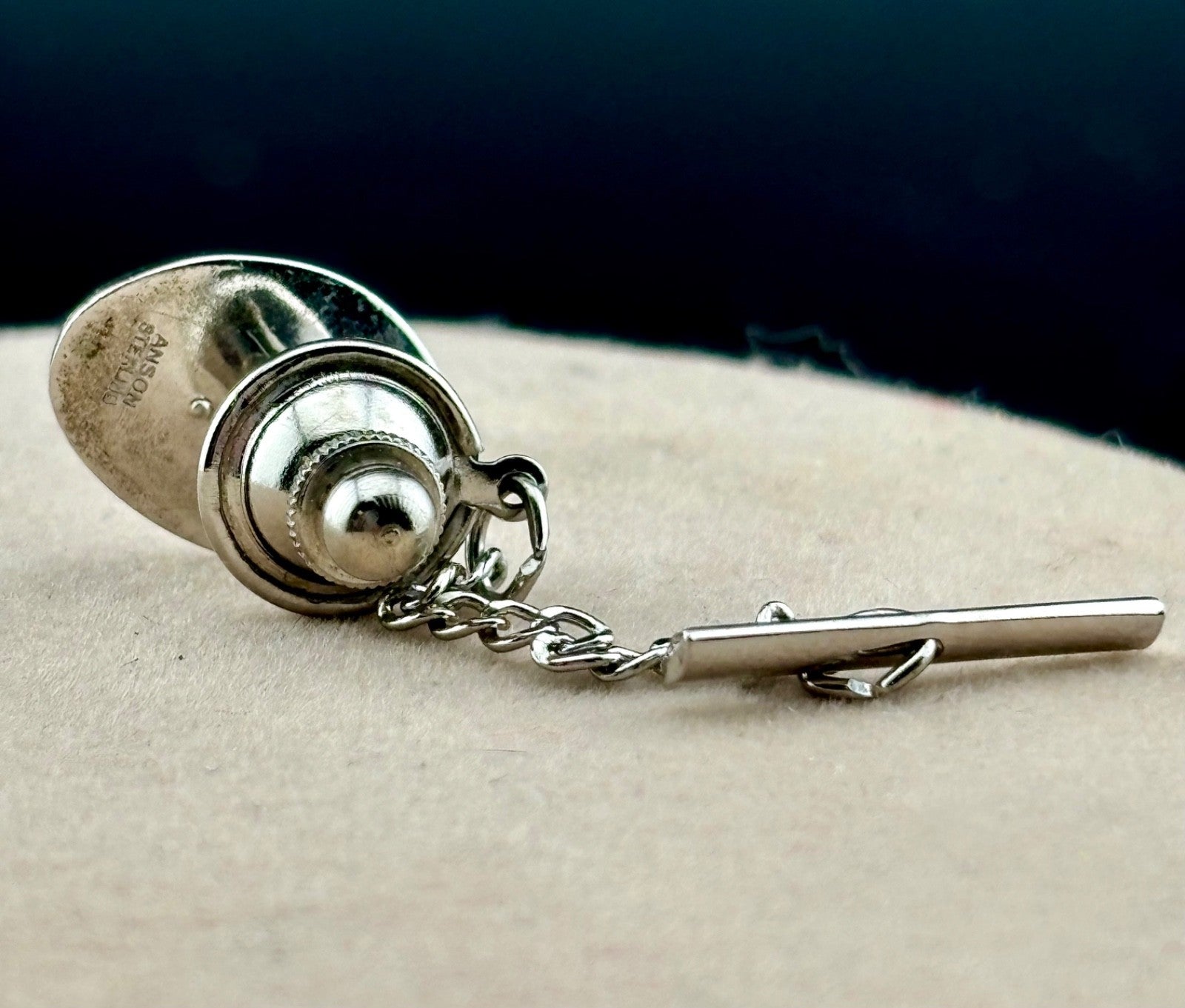 Vintage MCM Anson Sterling Silver and Sapphire Tie Tack