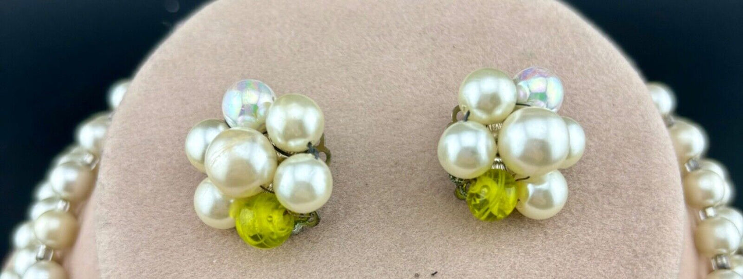 Vintage Faux Pearl and Neon Yellow Glass Necklace/Earring Set Japan NK