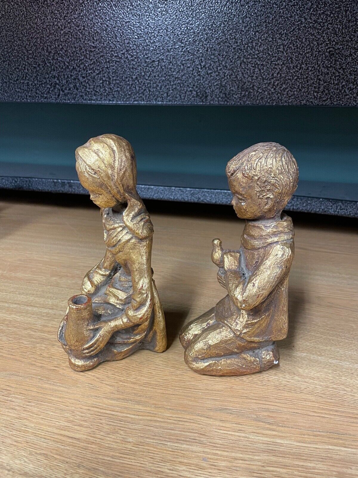 Vintage Italian Gilded Plaster Boy Girl Figurines Pair