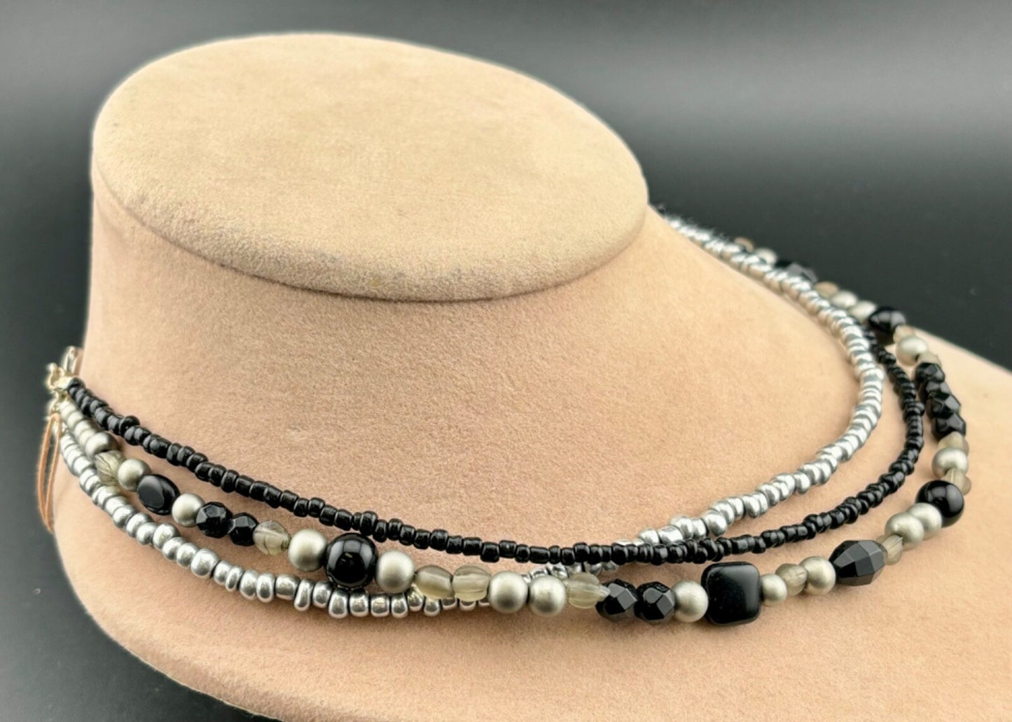 Premier Designs Triple Strand Black/Silver Beaded Necklace NK