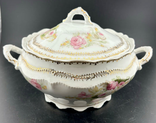 Austrian Antique Porcelain Tureen/Covered Dish Roses/Gold Accents
