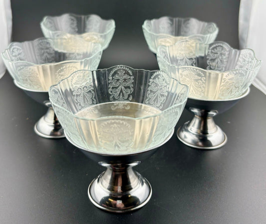 5 MacBeth-Evans American Sweetheart Sherbet or Ice Cream Cups w/ Metal Holders