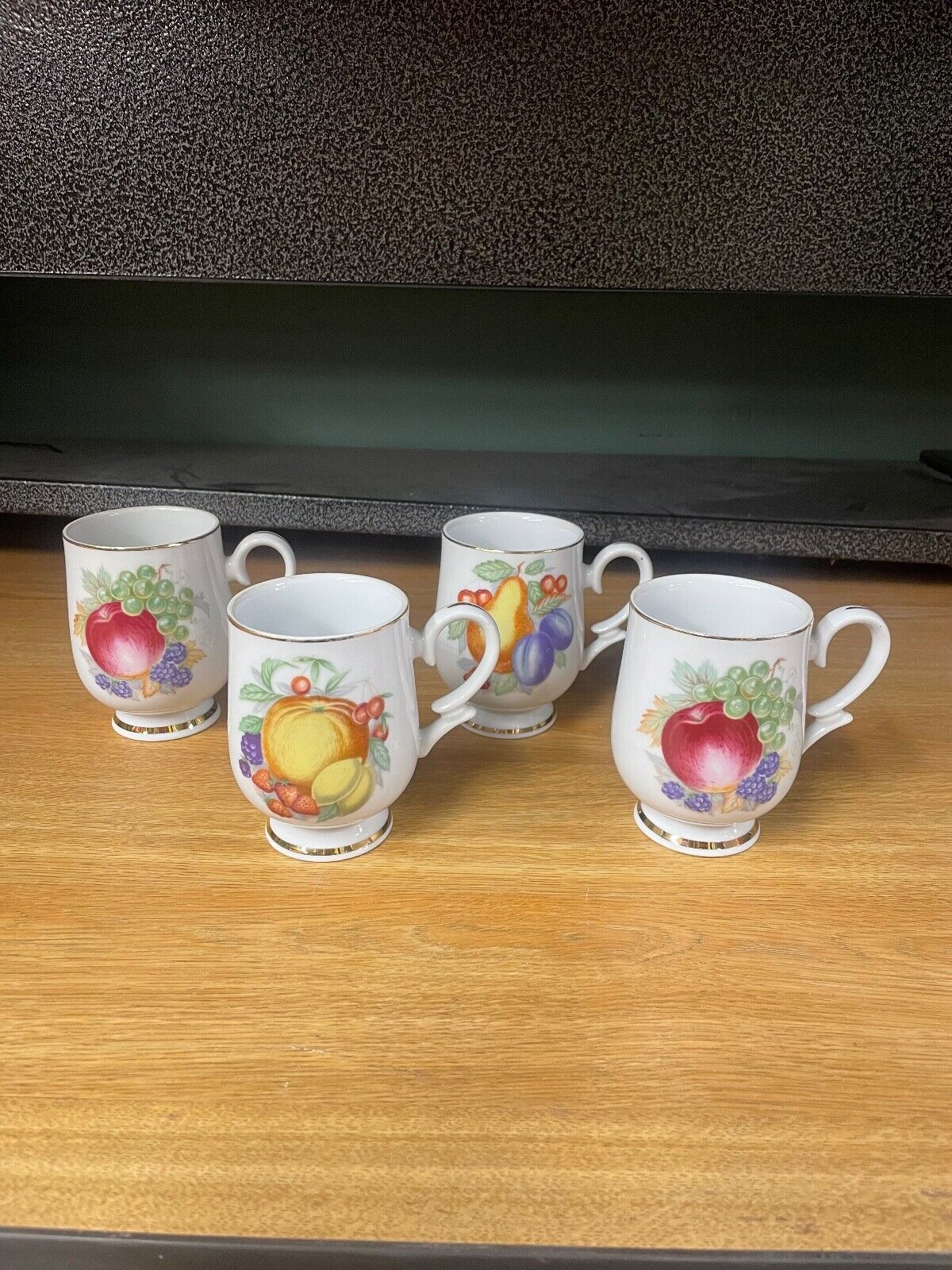 Vintage Porcelain Mugs Royalton China Co. Fruit with Gold Rims Set of Four