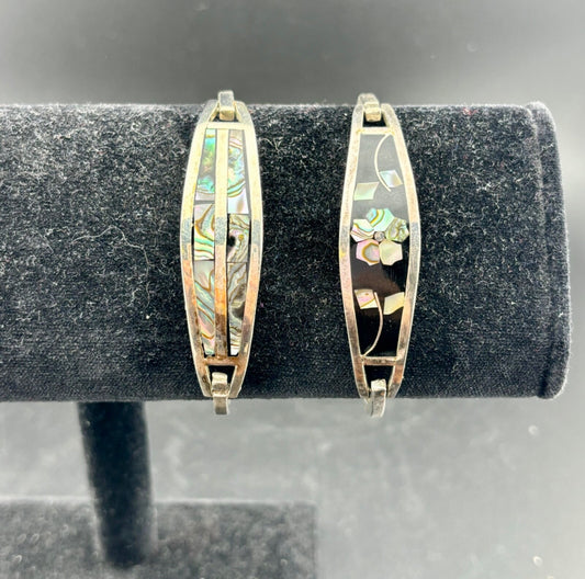 Inlaid MOP Abalone Shell Taxco Mexico Alpaca Silver Vintage Hinged Bracelets(2)