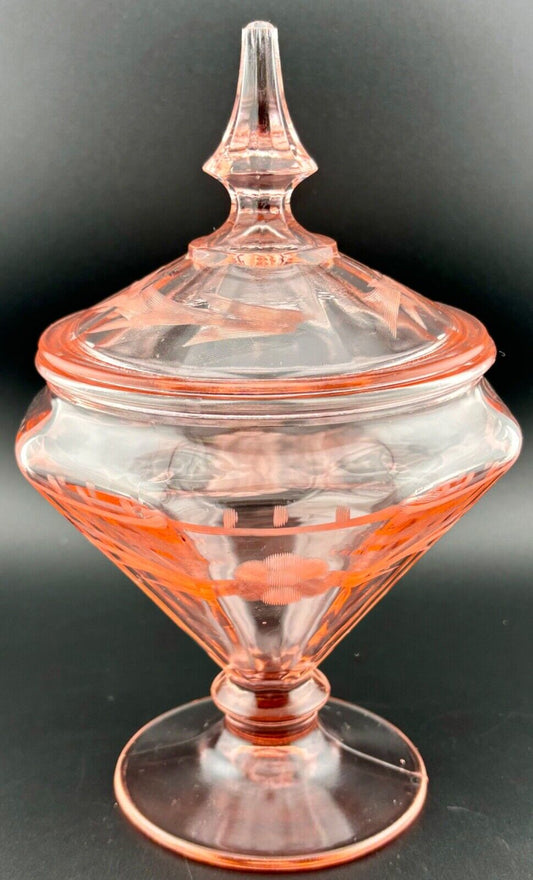 Etched Pink Depression Glass Candy Dish 9" Tall
