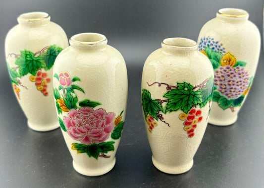 Set of 4~Vintage HOMCO Floral/Grapes Mini Bud Vases~Crackle Porcelain~4"tall.