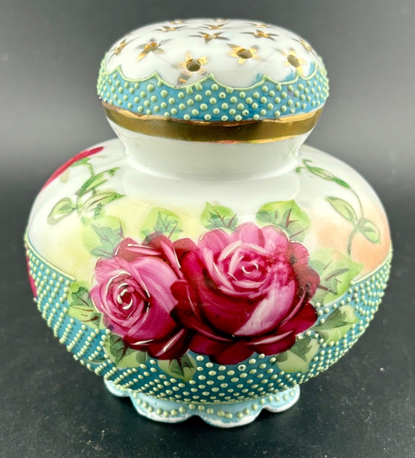 HAND-PAINTED NIPPON MORIAGE ROSES & PAINT DOT MUFFINEER /SUGAR SHAKER