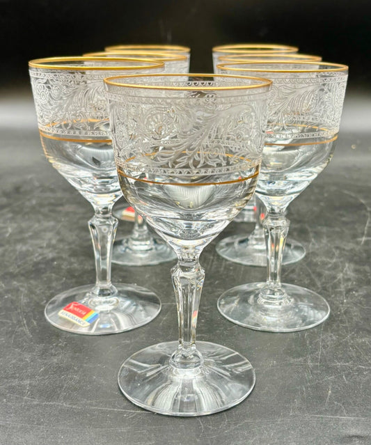 Fostoria 6" Crystal Goblet Glass Renaissance Clear Gold Trim Etched Set of 7