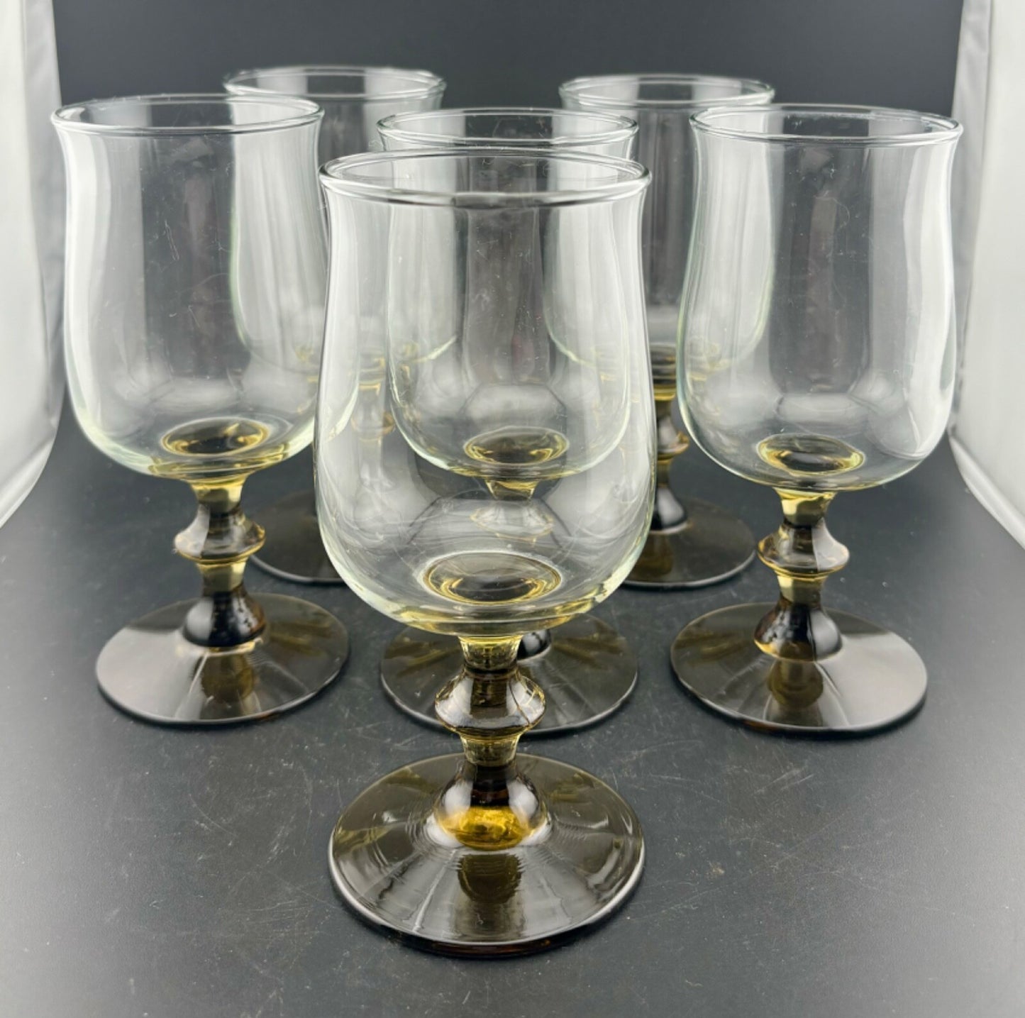 Vintage(6)  Libbey TWO-TONE TULIP Brown Wine Glasses Pedestal Knob Stems 6.5"