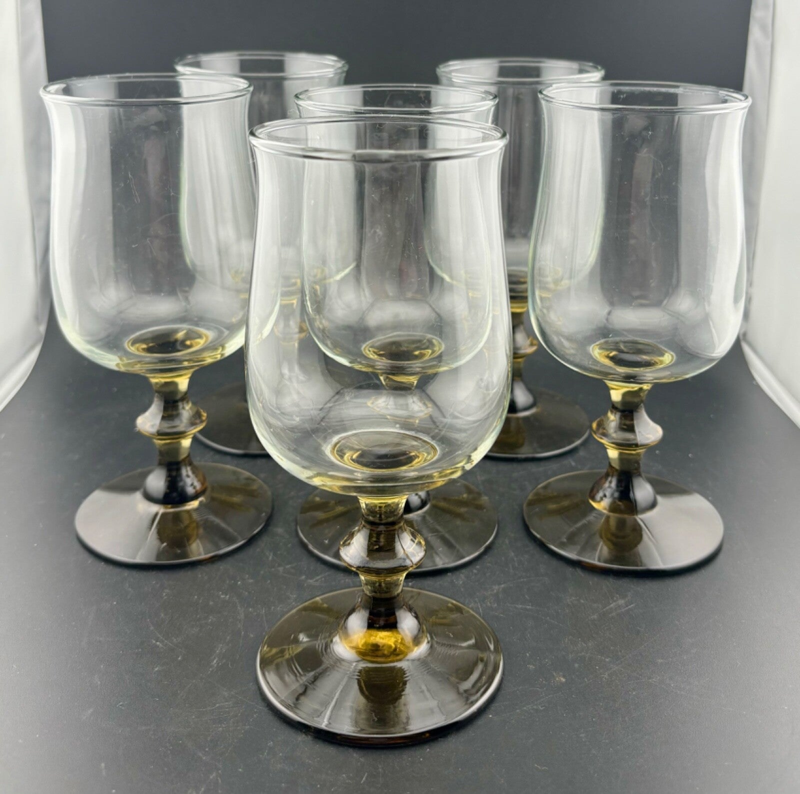 Vintage(6)  Libbey TWO-TONE TULIP Brown Wine Glasses Pedestal Knob Stems 6.5"