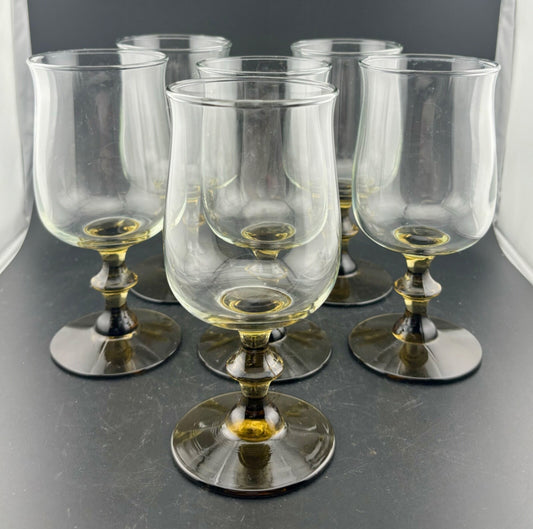 Vintage(6)  Libbey TWO-TONE TULIP Brown Wine Glasses Pedestal Knob Stems 6.5"