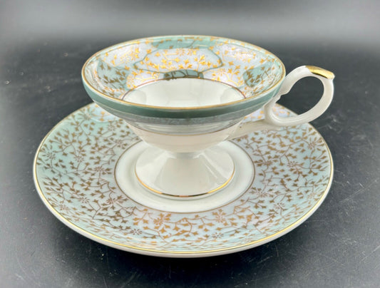 Vintage Blue Luster Tea Cup and Saucer Roses with Gold Accents