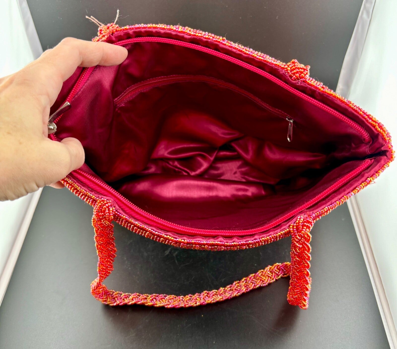 Large Beaded & Embroidered Iris  Handbag  Purse W Zipper Pocket Inside.