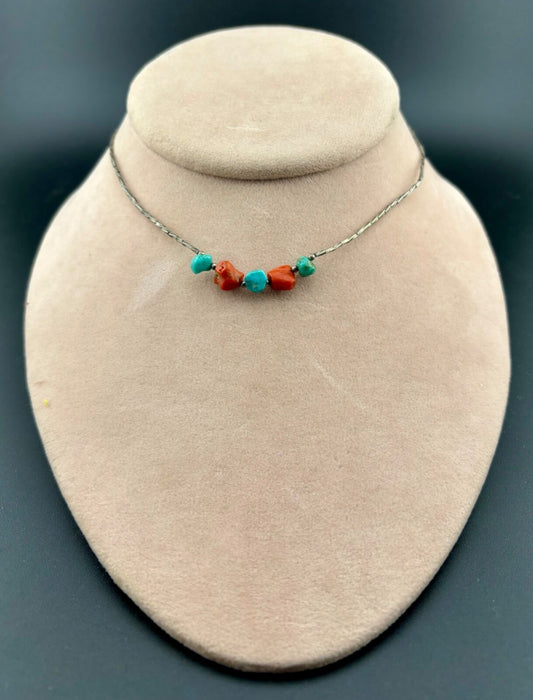 Vintage Turquoise/Red Coral/Silver-Plated Choker Necklace