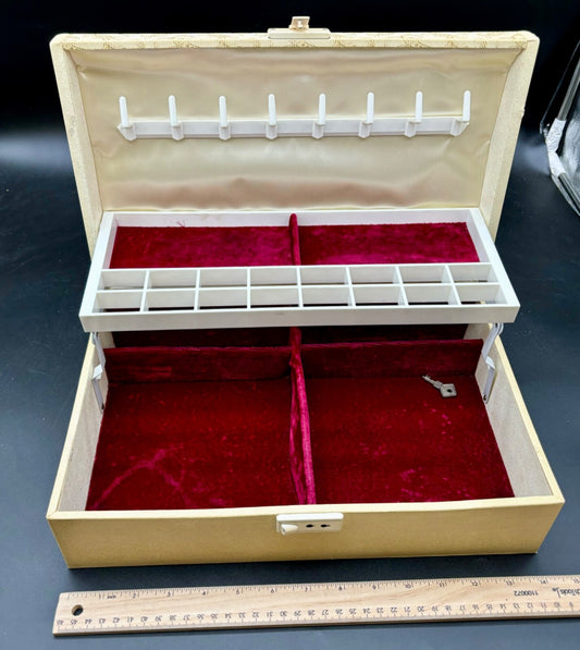 Vintage 60s Large Beige Jewelry Box / Red Velvet Lined